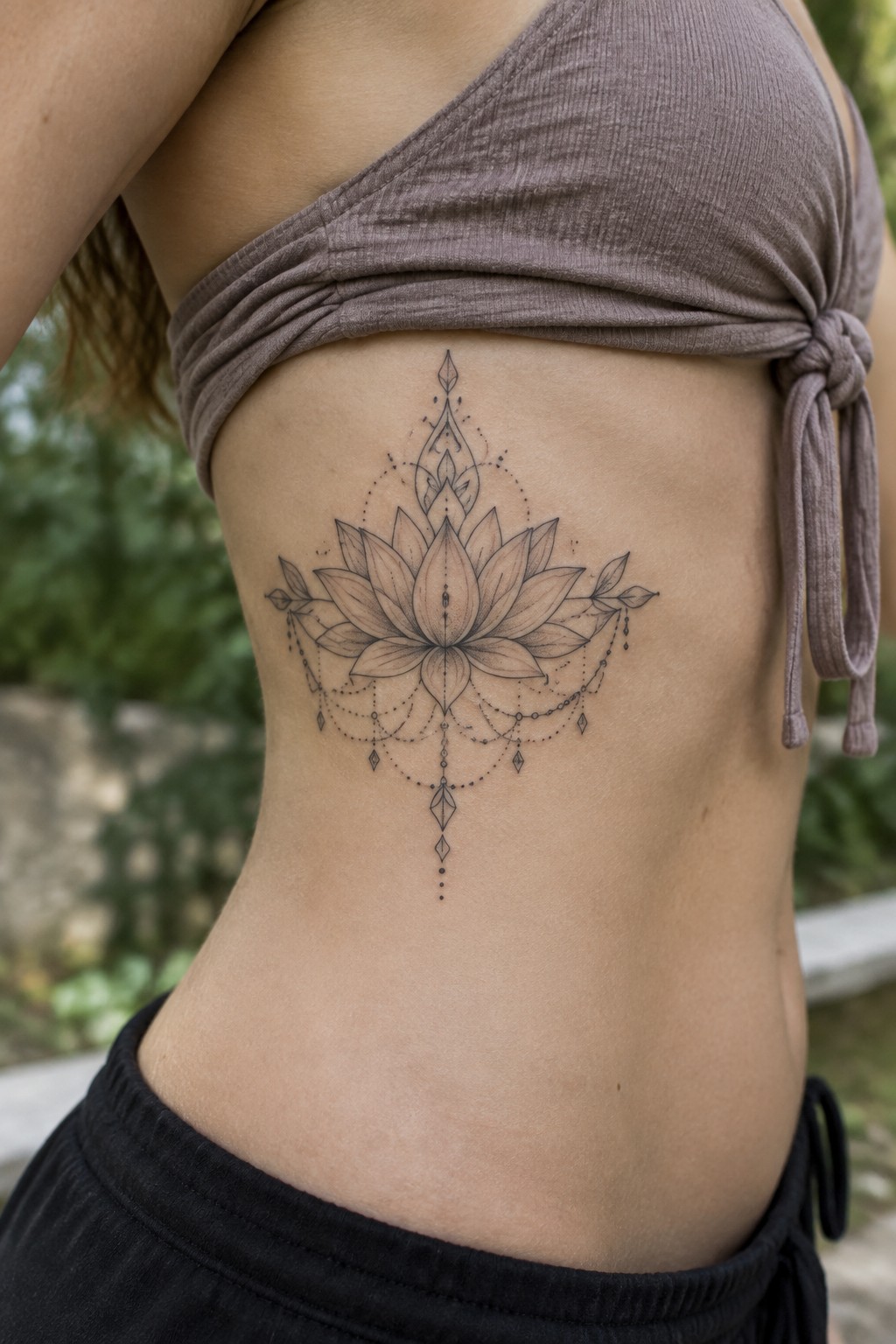 Intricate lotus tattoo on torso below knotted mauve crop top.
