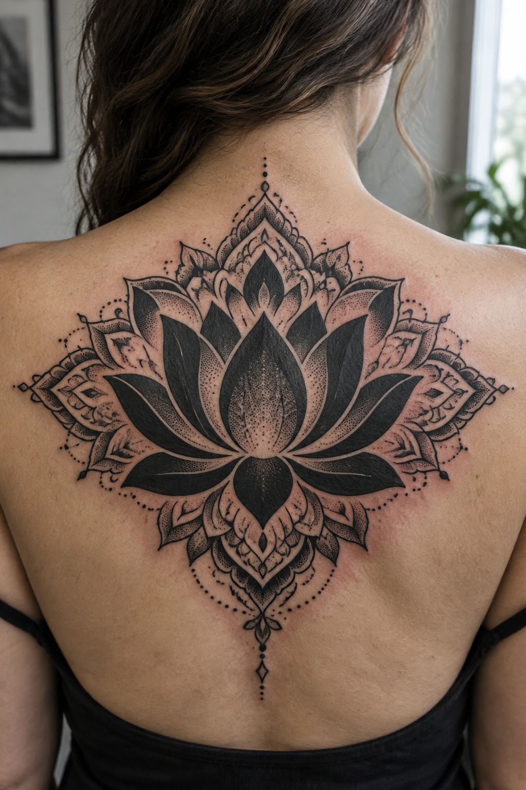 Intricate black lotus mandala tattoo centered on woman's upper and lower back.