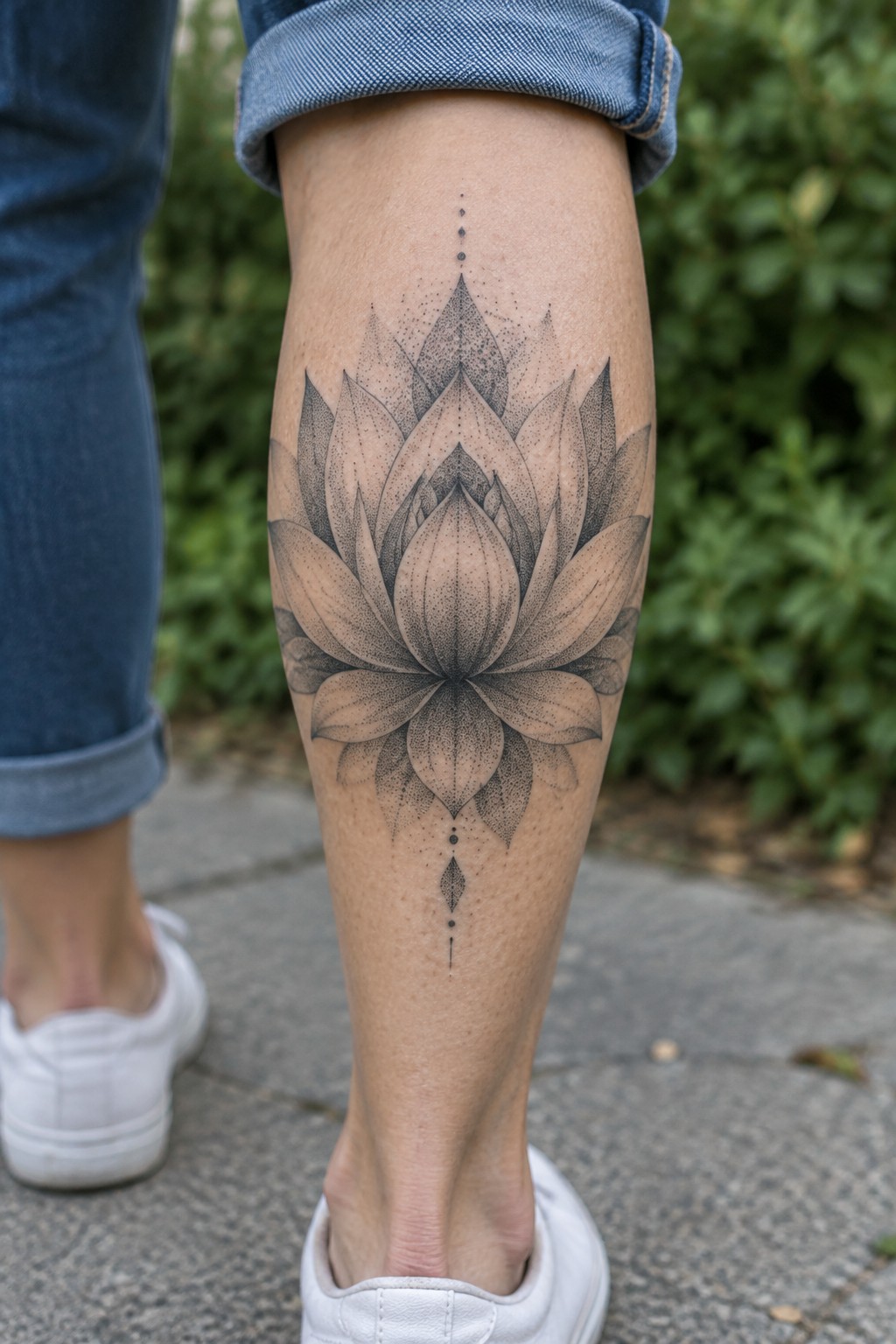 Detailed lotus tattoo on shin below rolled blue jeans and white sneakers
