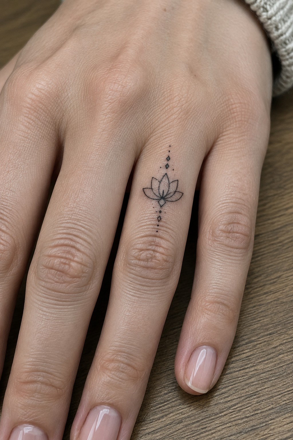 Fine line lotus flower tattoo on the side of a finger with vertical dotted accents above and below the flower
