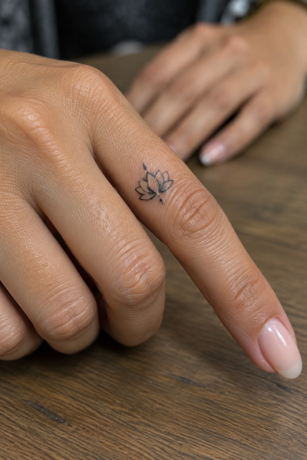 Small lotus flower tattoo on ring finger over wooden table