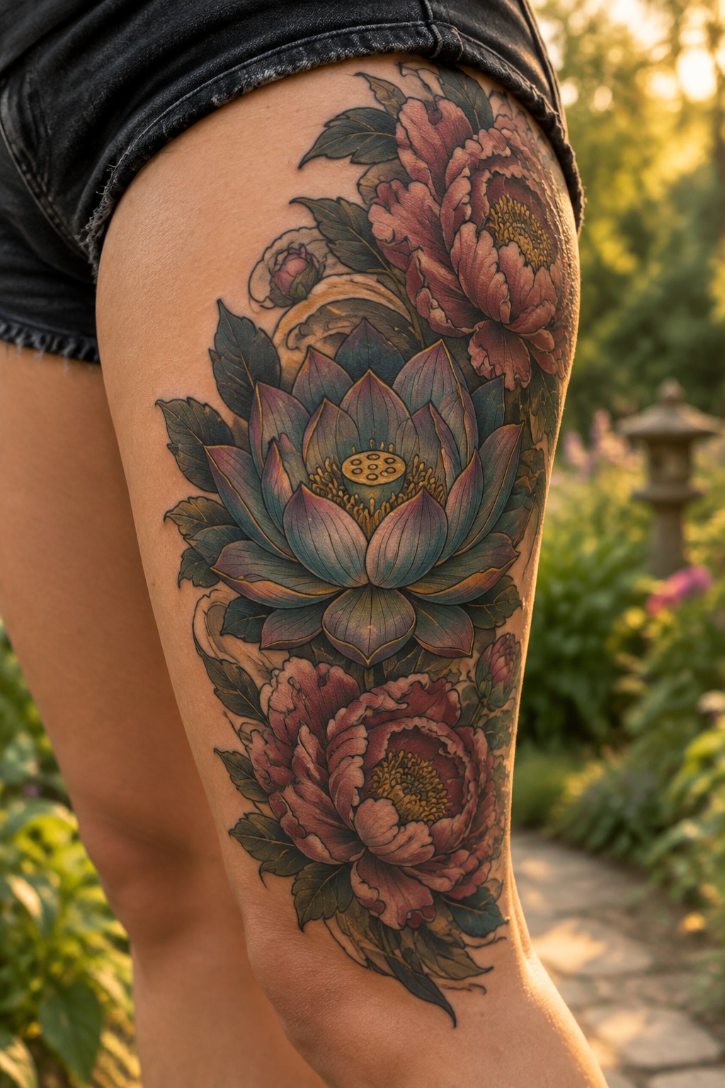 Vibrant lotus and peony tattoo on thigh with black denim shorts in garden.
