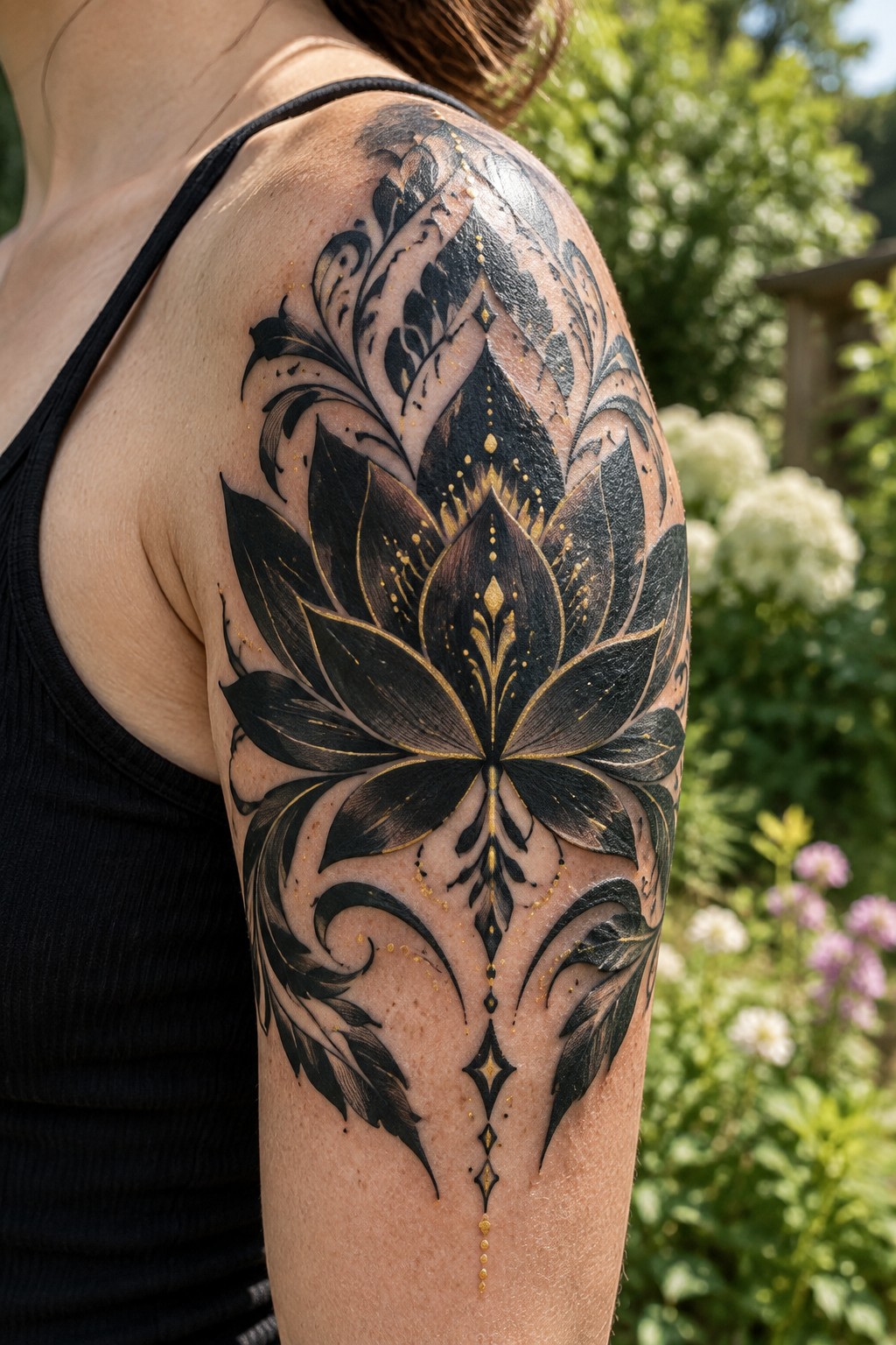 Black and gold lotus tattoo on woman's upper arm in black tank top