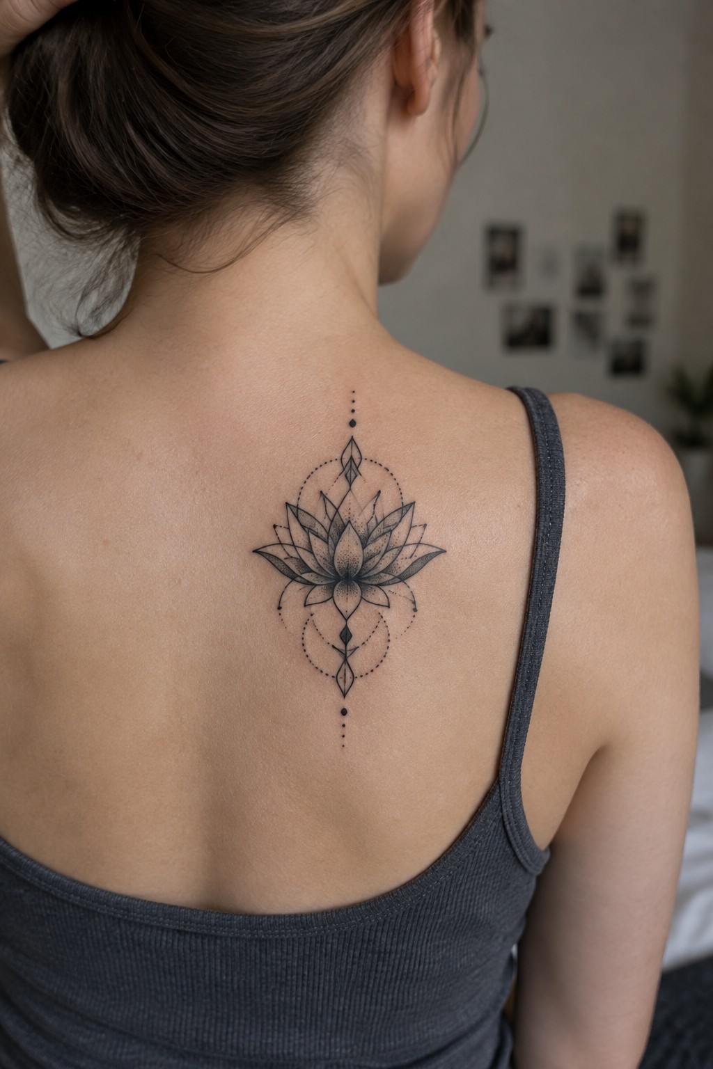 Black lotus tattoo centered on a woman's upper back with fine line petals and dotted geometric accents along the spine.