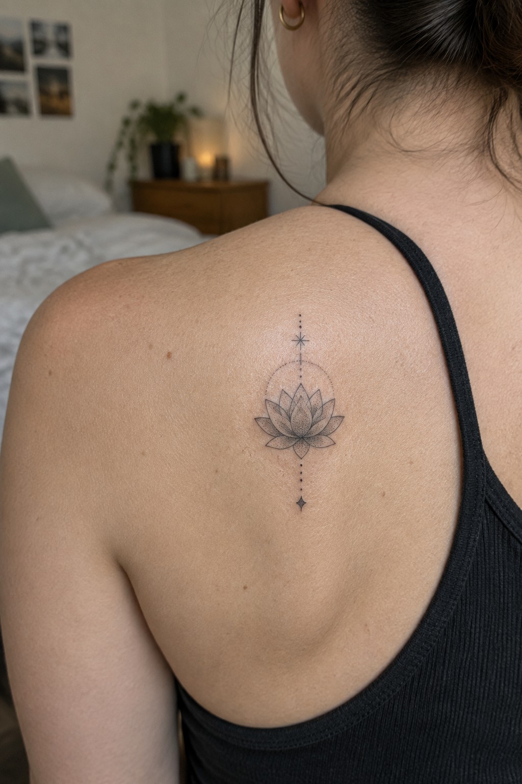 Lotus flower tattoo on woman's shoulder above black tank top in bedroom
