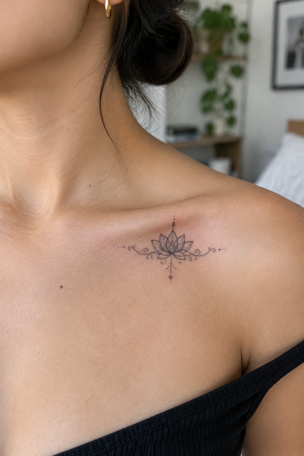 Lotus flower tattoo on fair skin above black top with gold earring