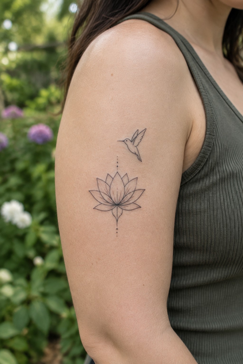 Lotus and hummingbird tattoo on shoulder above green ribbed tank top
