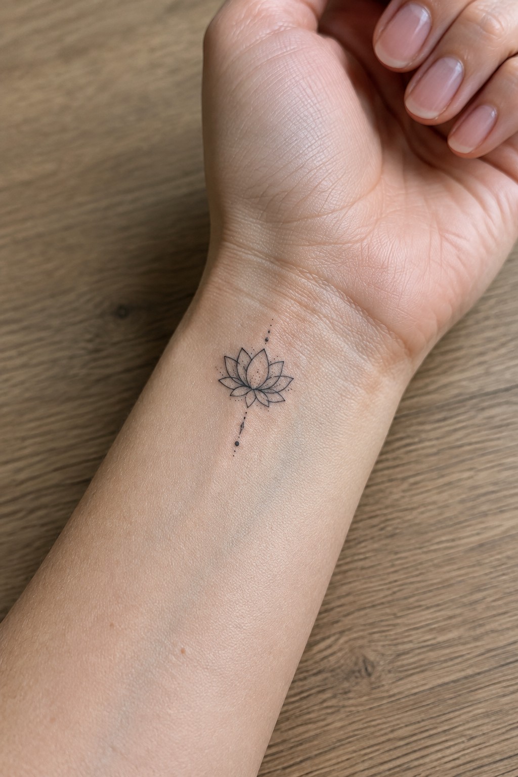 Delicate lotus flower tattoo with dotted accents on inner wrist over wood