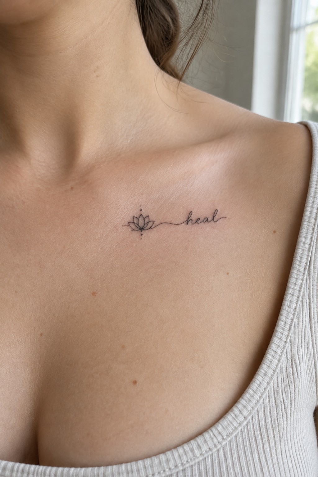Lotus flower and 'heal' tattoo on fair-skinned upper chest above ribbed top