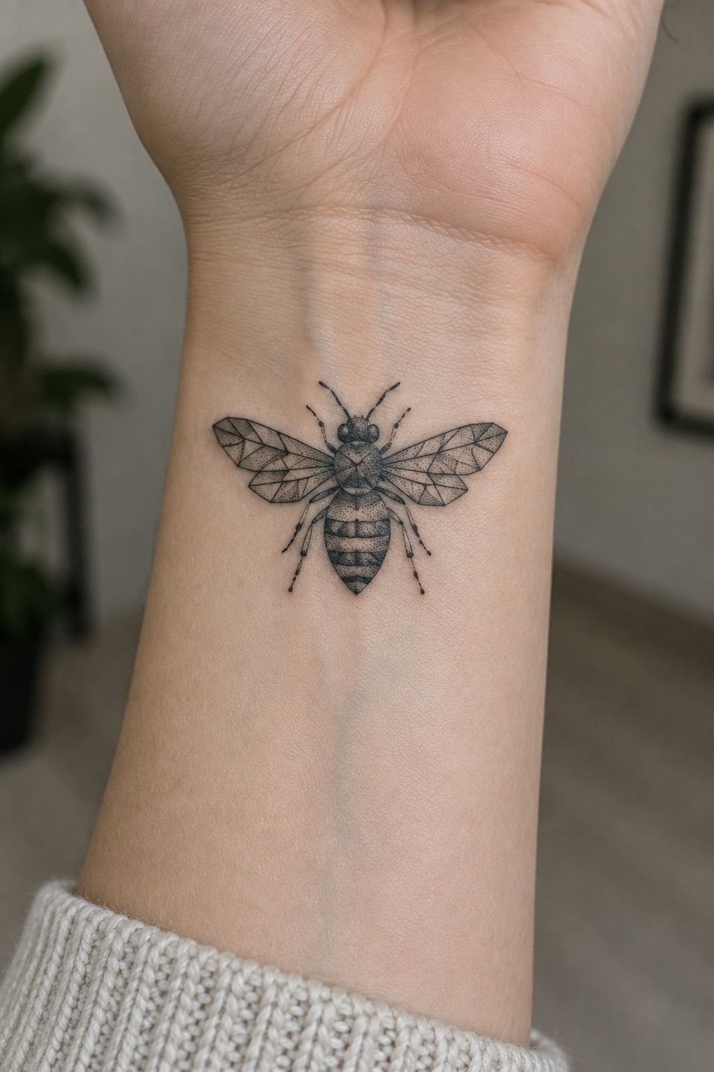 Intricate black dotwork bee tattoo on inner wrist above white knit sweater cuff
