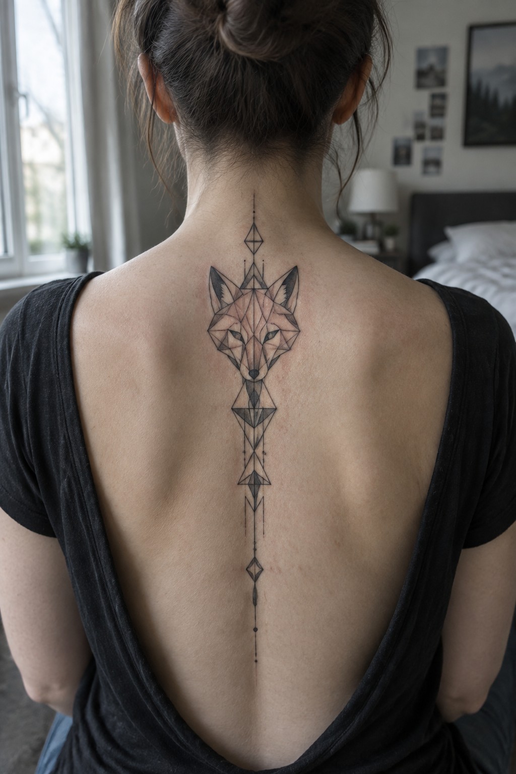 Woman's back with geometric fox tattoo and black open-back top in bedroom