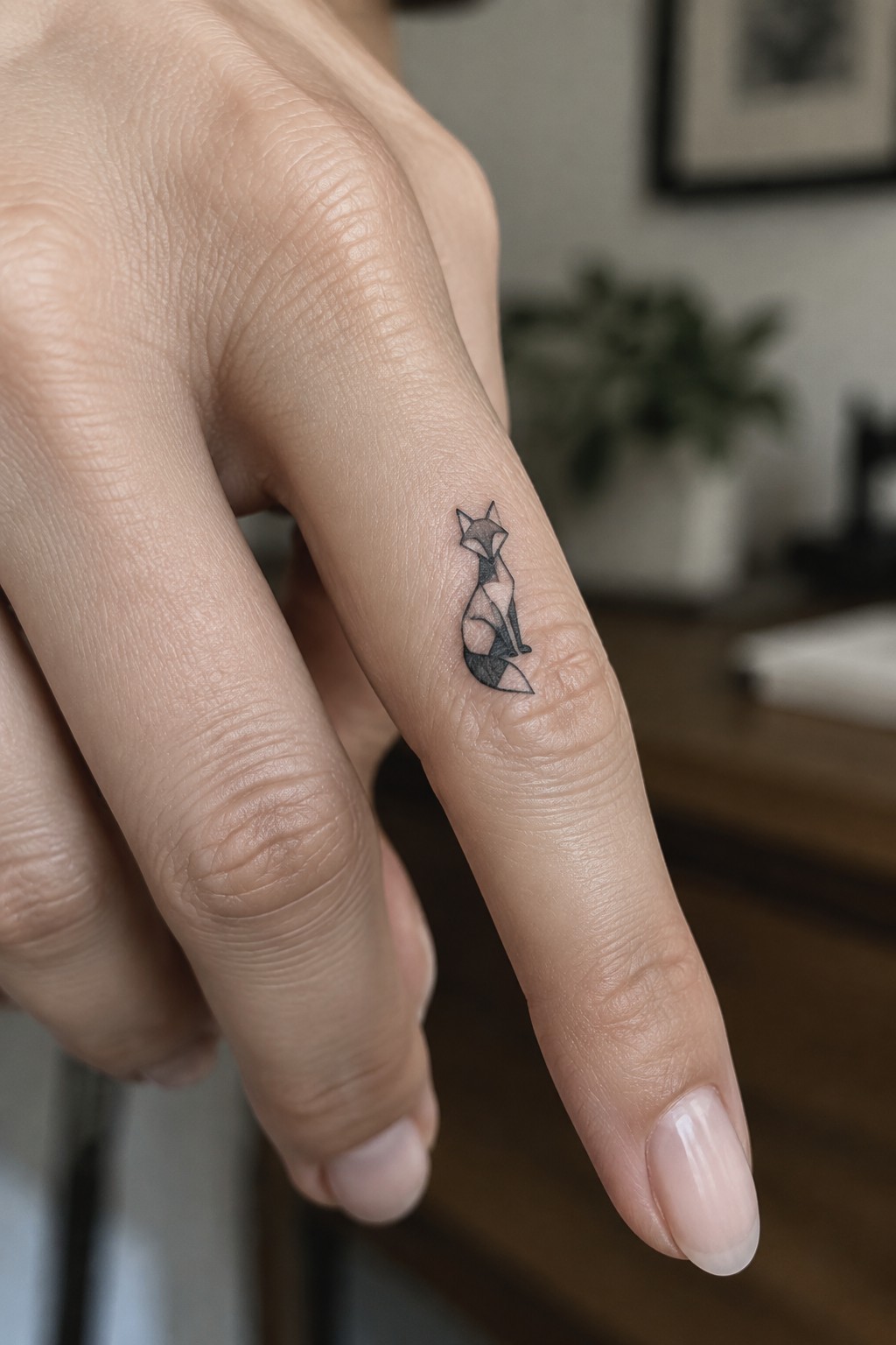 Hand with small black geometric fox tattoo on ring finger.