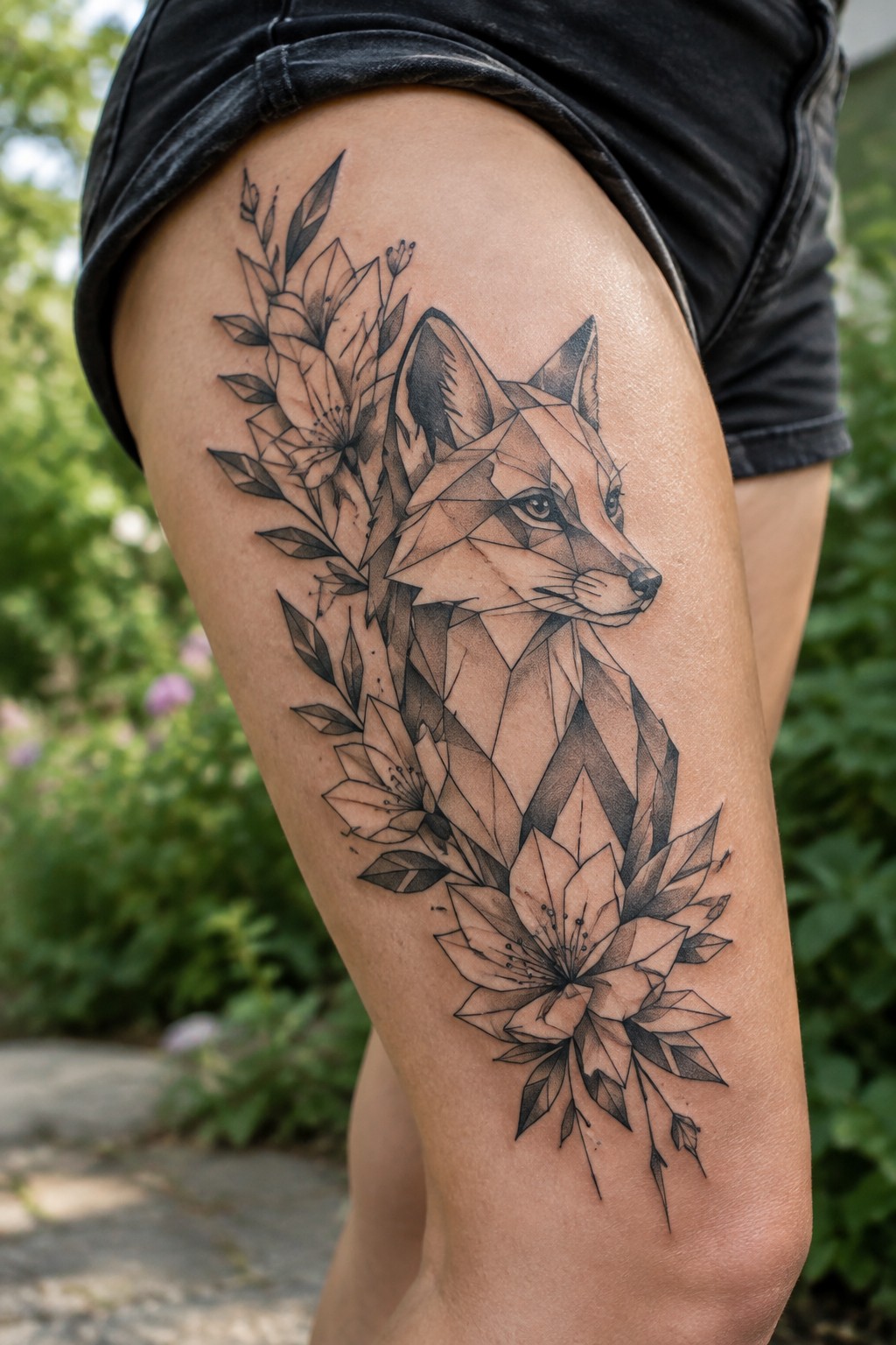 Geometric fox tattoo with flowers on thigh under black denim shorts.