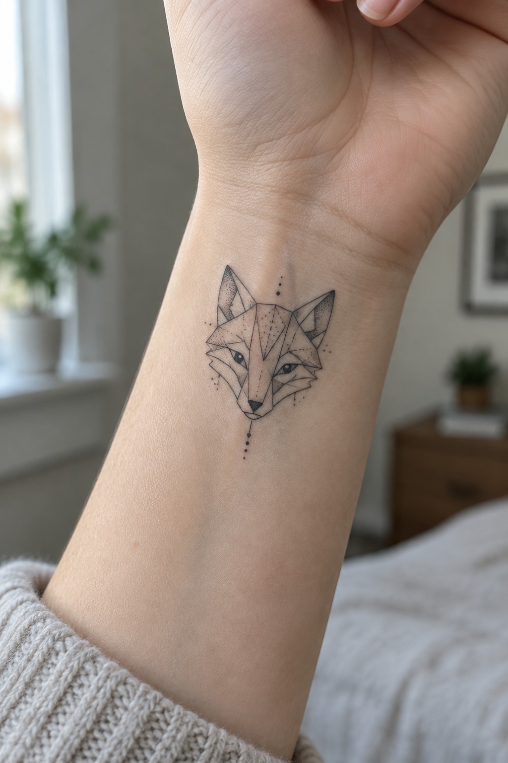 Geometric fox tattoo on inner wrist above beige knit sweater sleeve