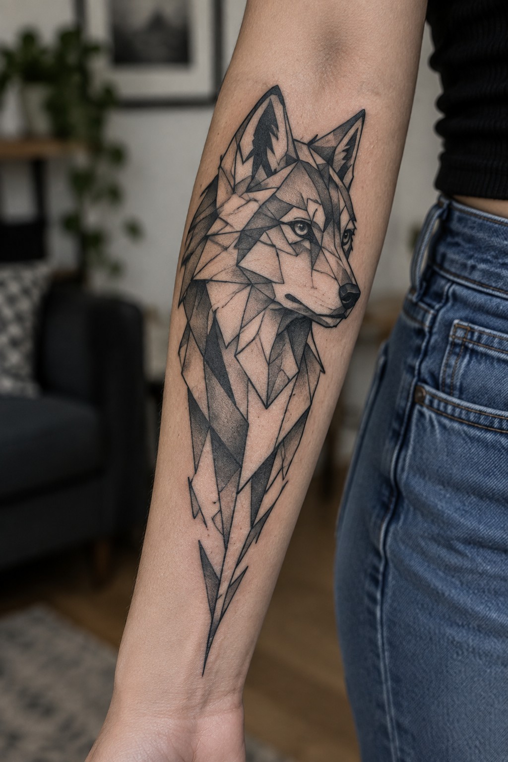 Geometric wolf tattoo on forearm of person in black top and blue jeans.