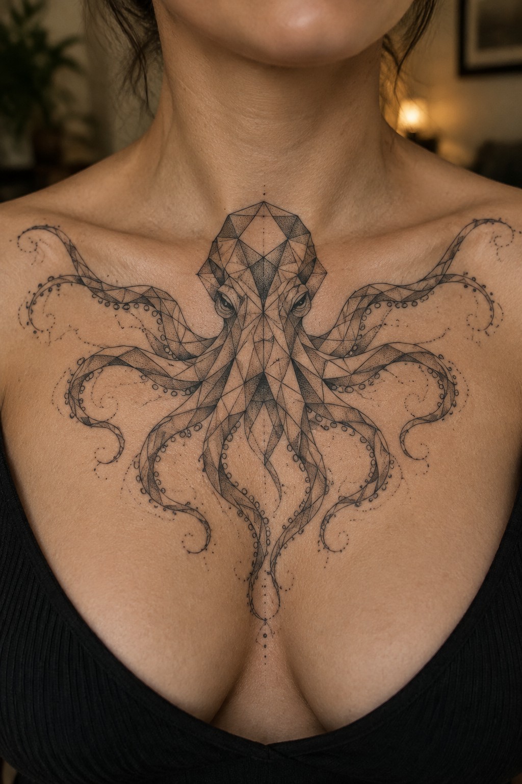 Geometric black octopus tattoo on woman's neck and chest.