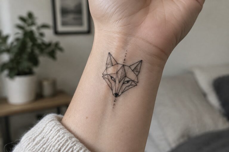 22 Modern Geometric Animal Tattoos for Women Built Around Angular Wildlife Forms Geometric fox tattoo on inner wrist above beige knit sweater sleeve
