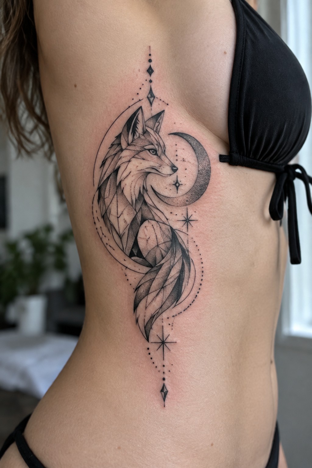 Geometric fox tattoo with crescent moon and stars on woman's side