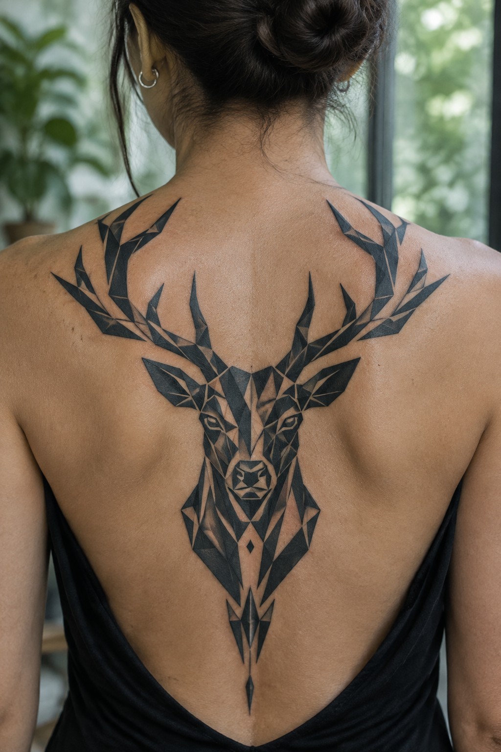 Geometric deer head tattoo centered on a woman's upper back with antlers extending across the shoulders in black angular style