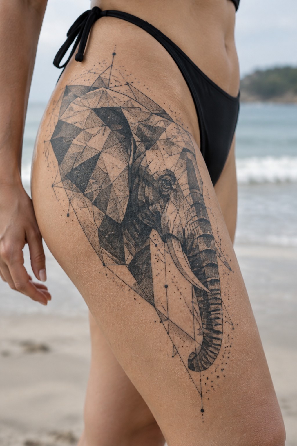 Geometric elephant tattoo on thigh beside black bikini on sunny beach
