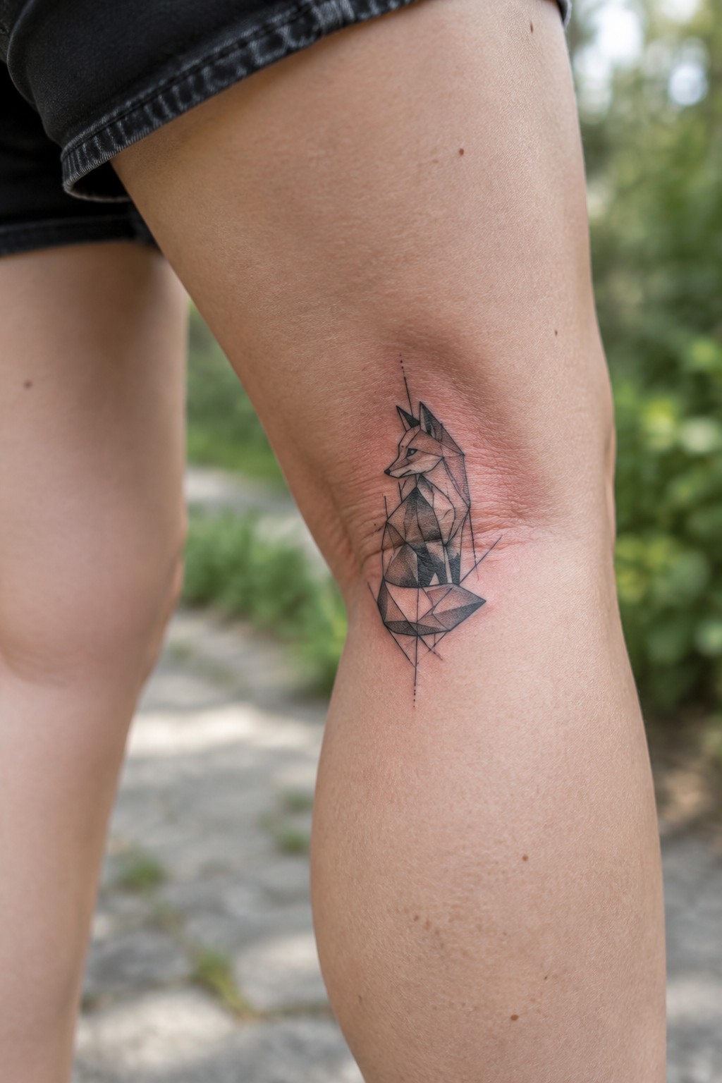 Geometric fox tattoo on thigh below black shorts with blurred greenery background