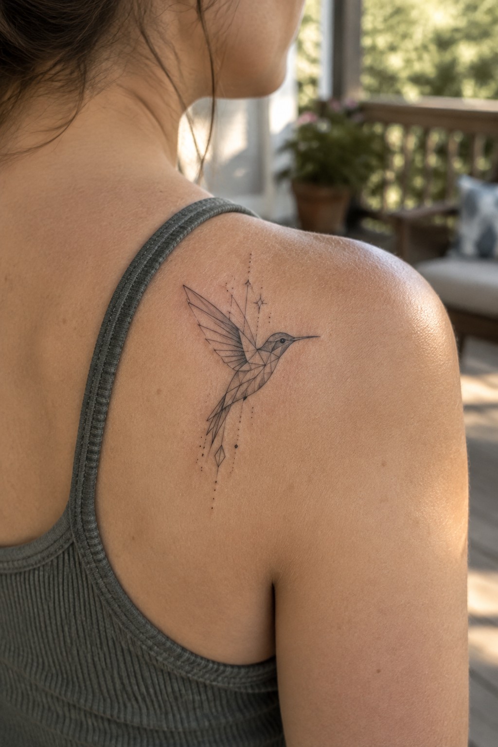 Geometric hummingbird tattoo on shoulder above gray tank top on sunny porch