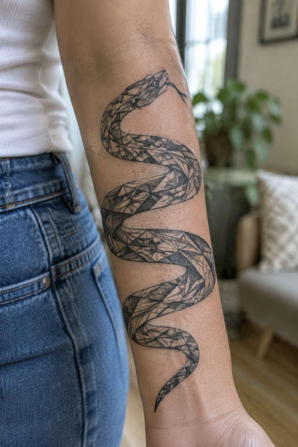 Geometric snake tattoo in black polygonal style winding down the inner forearm.
