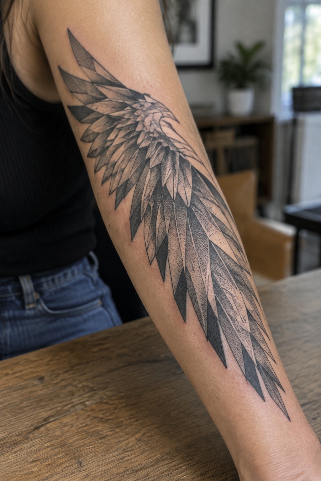 Geometric eagle wing tattoo on arm resting on wooden table with black top and jeans