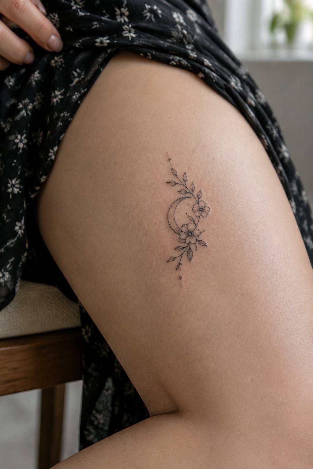 Fine line tattoo of a crescent moon with flowers and leaves on the upper thigh, shown partially covered by clothing.