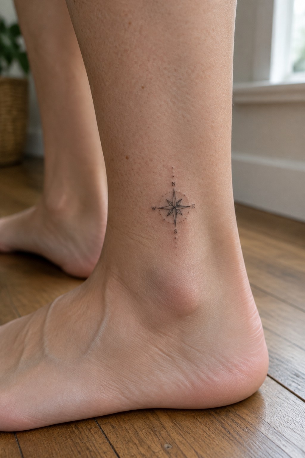 Minimalist compass rose tattoo with N S E W on bare ankle