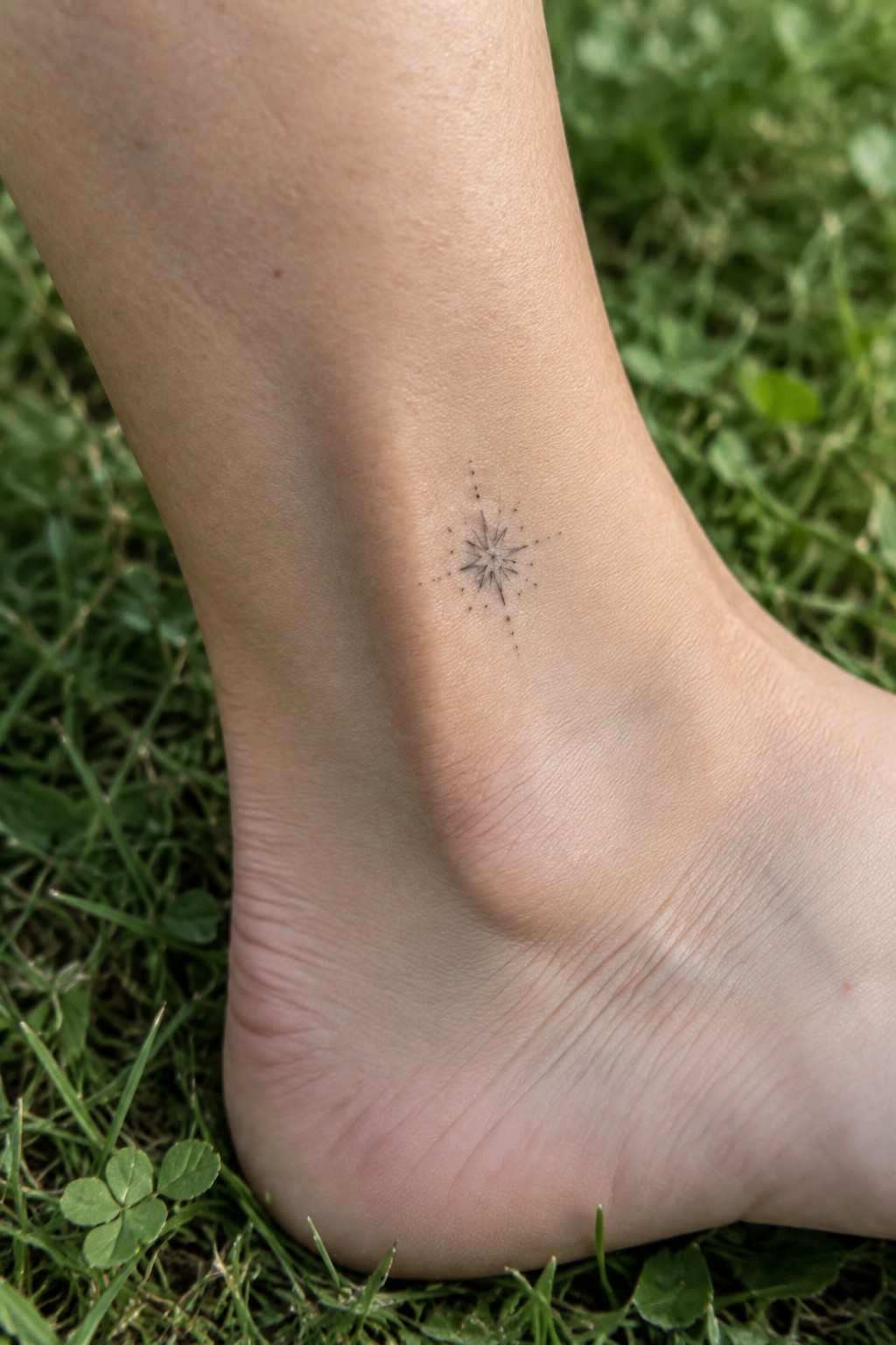 Small black star tattoo on a person's ankle resting on green grass.