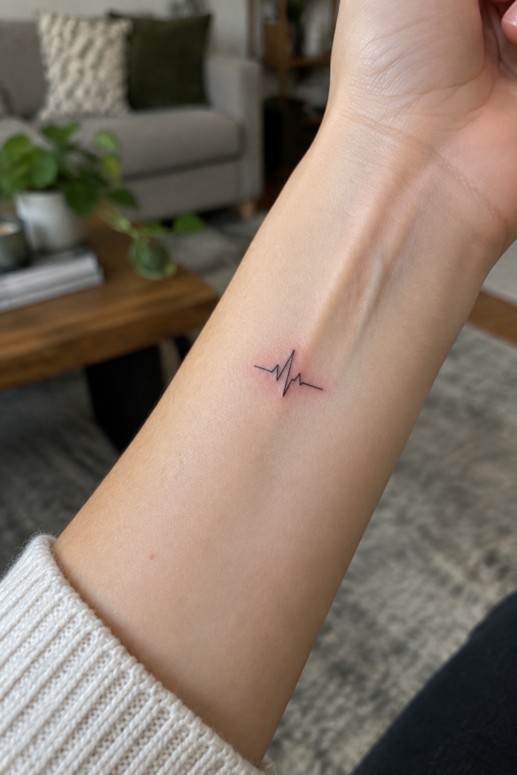Wrist with small black heartbeat tattoo above white knit sweater cuff in living room