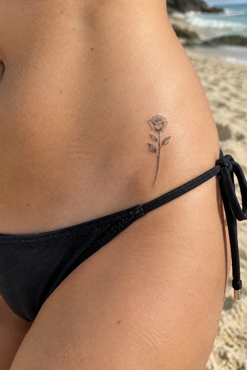 Small rose tattoo on hip above black bikini tie on beach sand