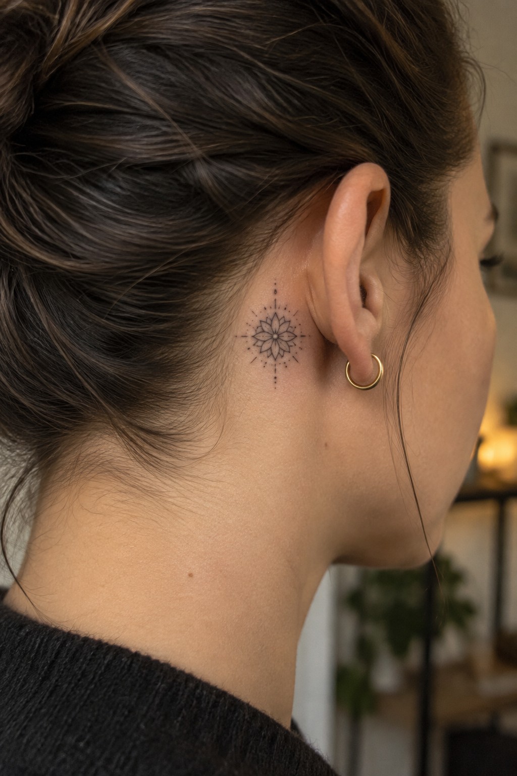 Woman with dark bun hairstyle, mandala tattoo behind ear, and gold hoop earring in black top