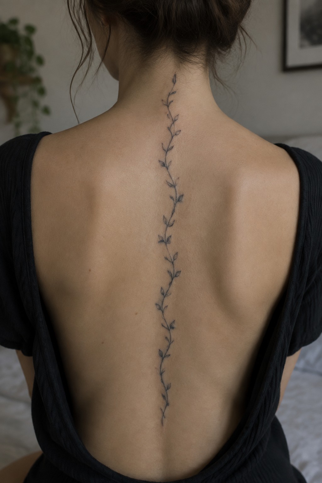 Woman's back with long leafy vine tattoo along spine, black top pulled low.