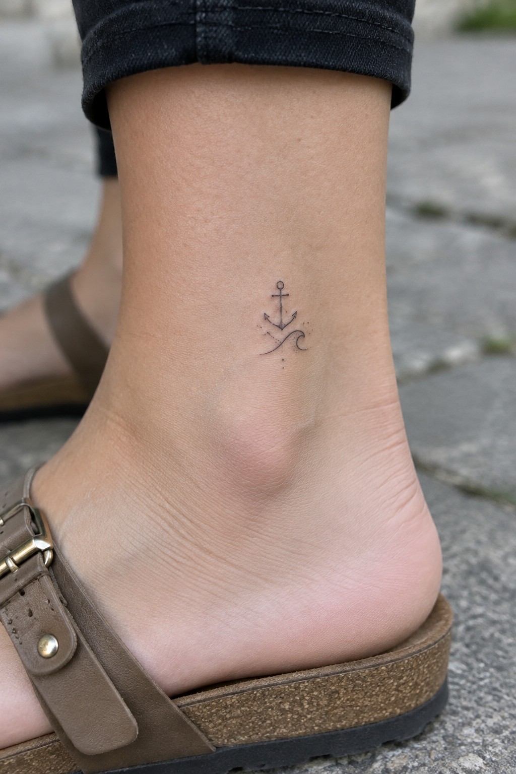 Fine line anchor and wave tattoo placed on the side of a woman's ankle above a brown sandal.
