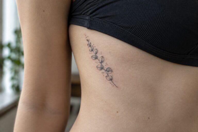 Fine line tattoo of a small leafy branch placed vertically on the ribs.