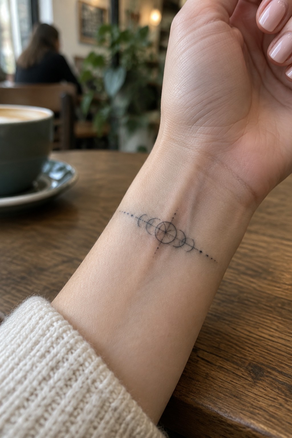Wrist with moon phase tattoo on dotted line, white sweater cuff visible