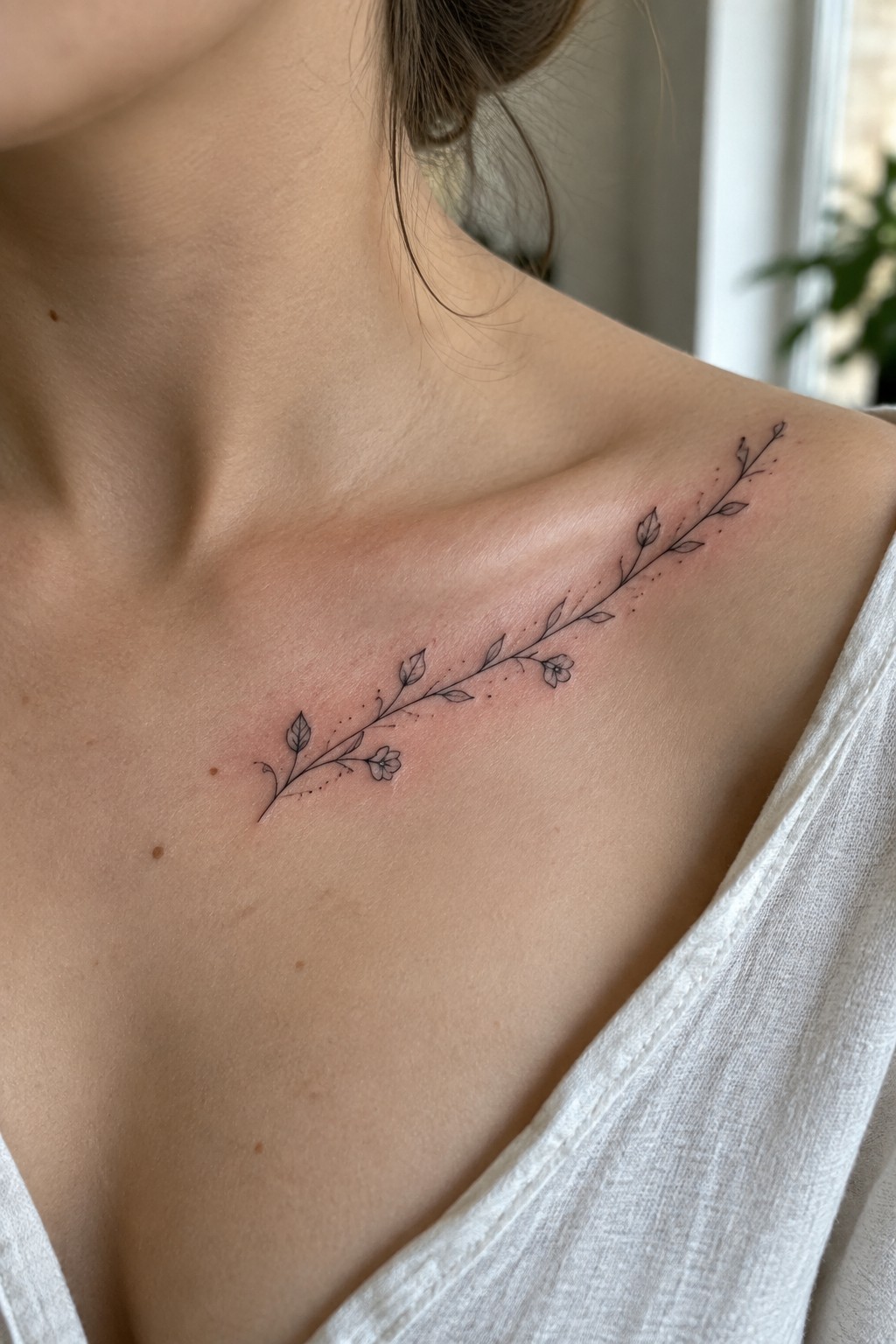 Black floral vine tattoo with leaves across light skin on collarbone