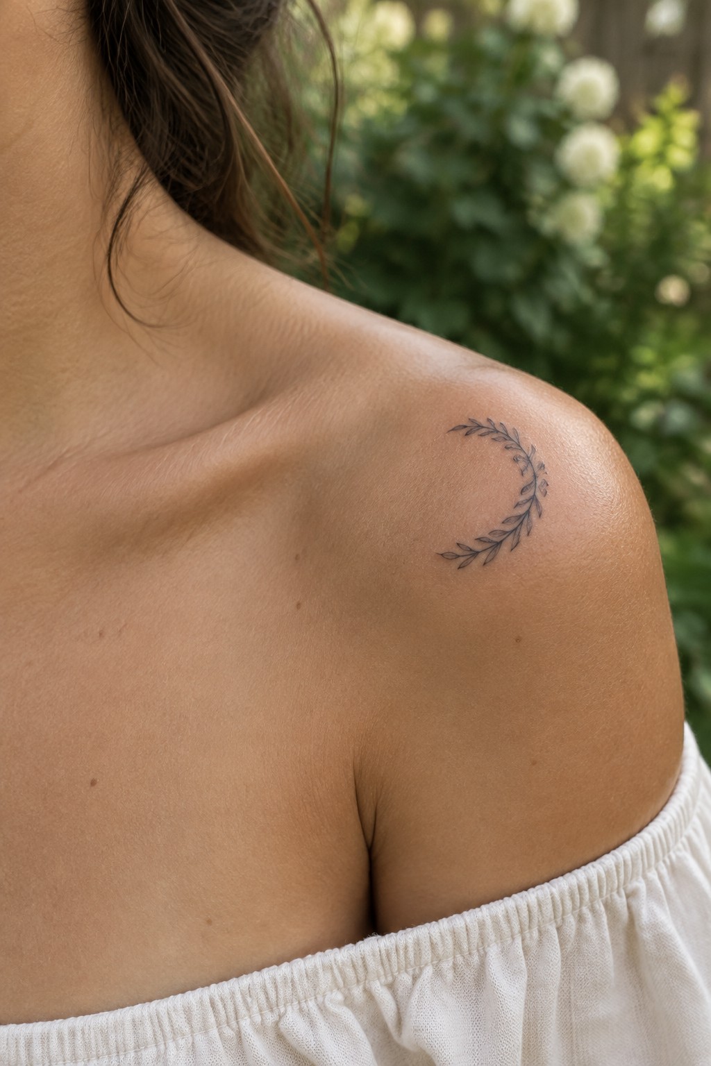 Shoulder with delicate leafy crescent tattoo above white off-shoulder top and blurred flowers