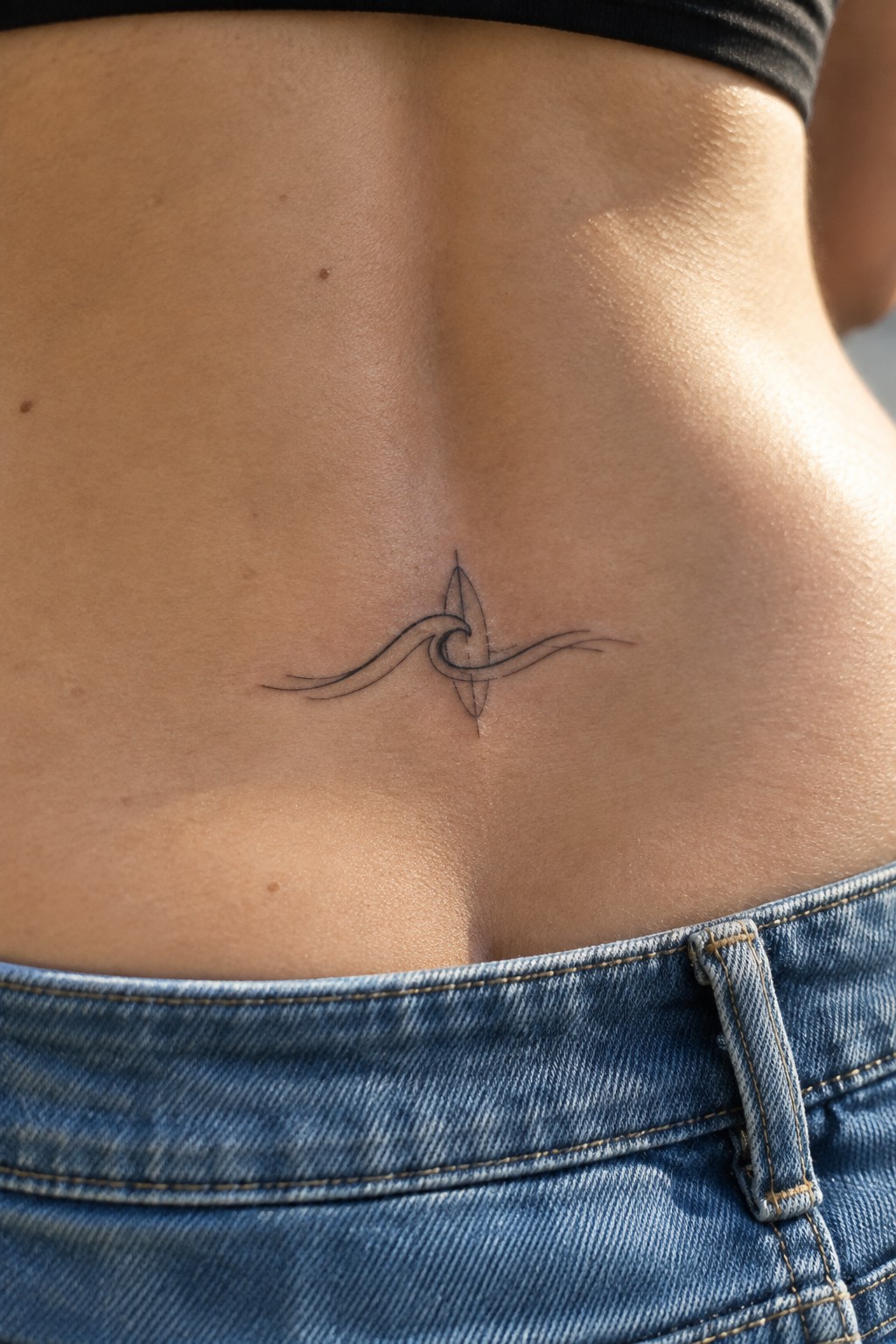 Surfboard and wave tattoo on lower back above blue denim jeans waistband