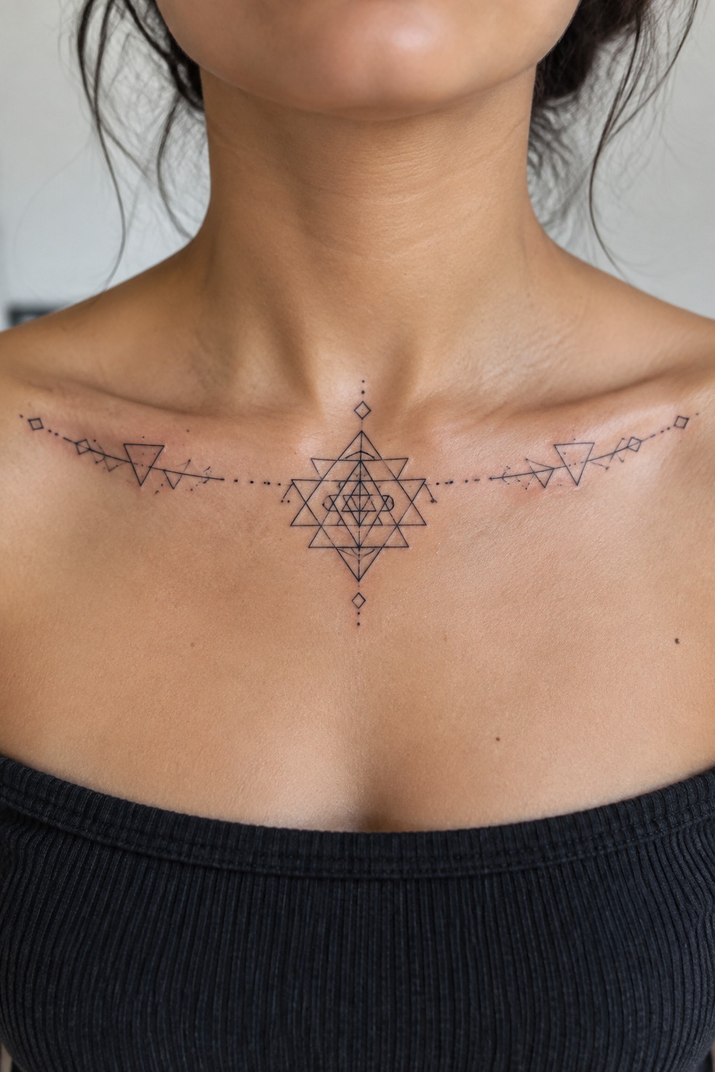 Fine line black geometric tattoo with interlocking triangles centered on the upper chest and dotted extensions across the collarbones.