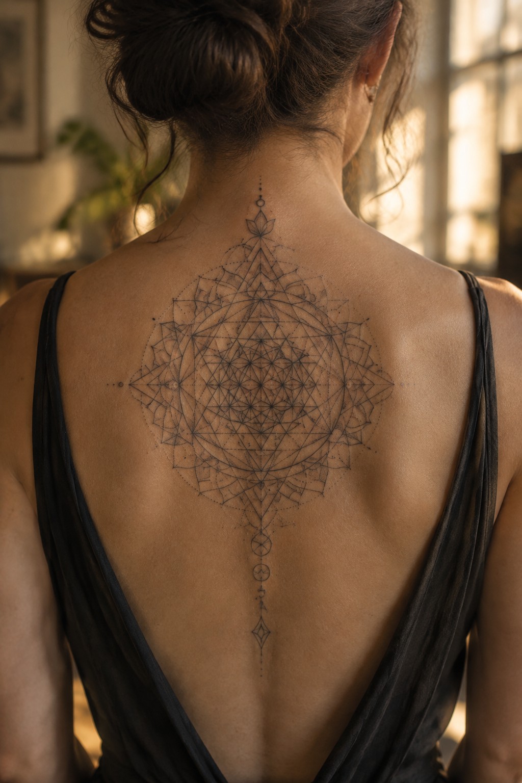 Woman's back features large intricate mandala tattoo above black strappy top.