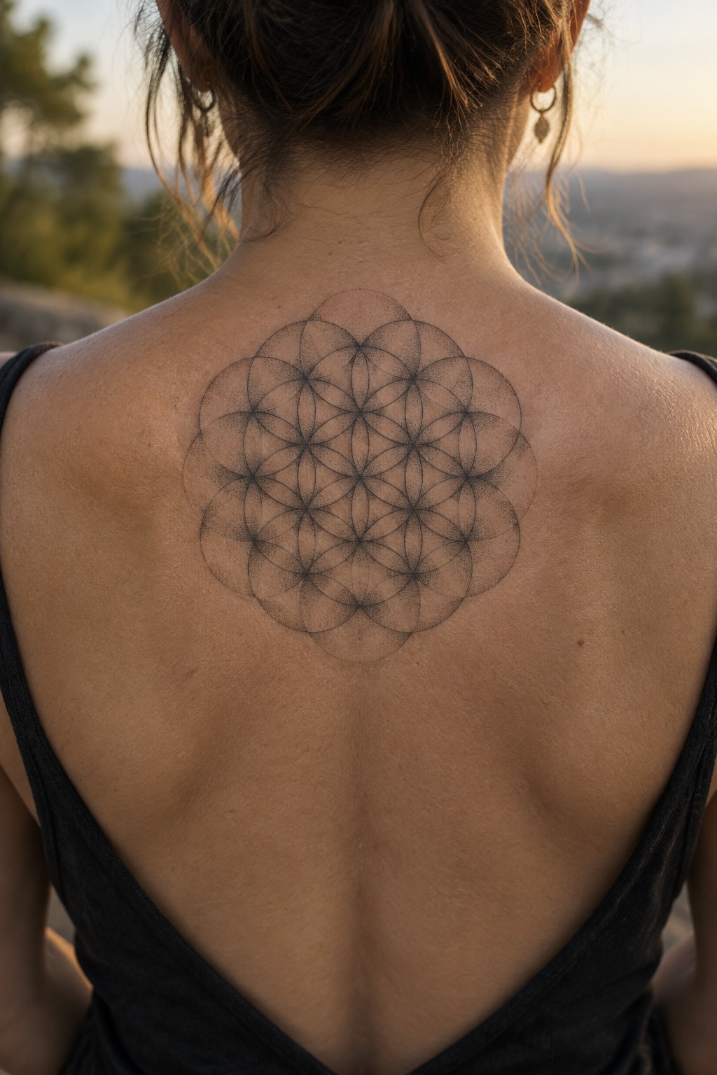 Woman's back with large geometric mandala tattoo, black tank top, sunset landscape.