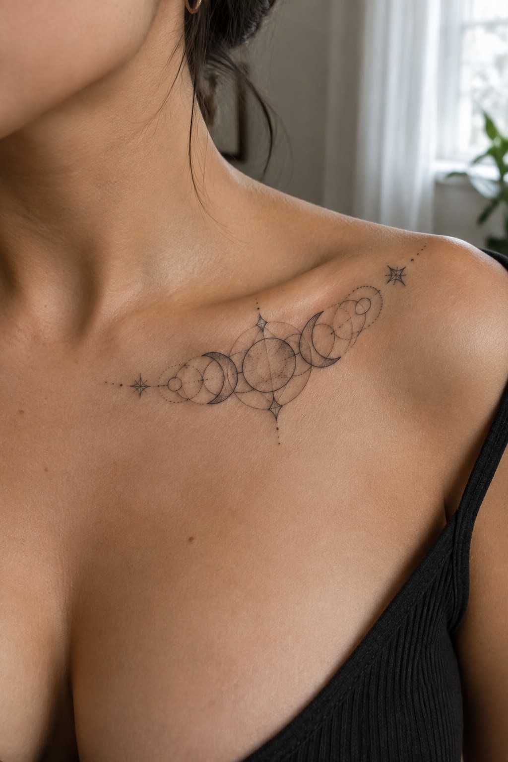 Woman's shoulder with black celestial tattoo of moon phases, stars, and circles above black top.