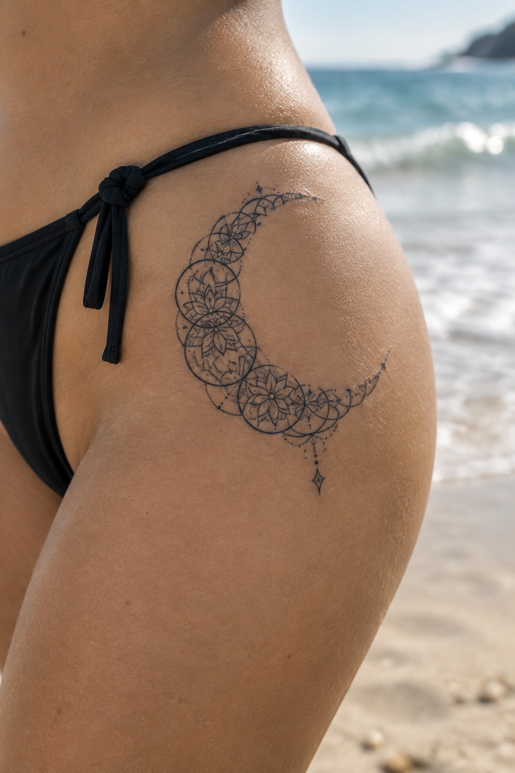Woman's hip with black crescent moon mandala tattoo above tied bikini at beach