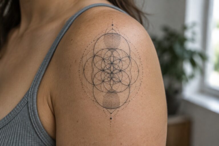 22 Striking Geometric Spiritual Tattoos for Women Built Around Interlocking Sacred Forms Shoulder with black geometric tattoo of overlapping circles and ovals, gray tank top.