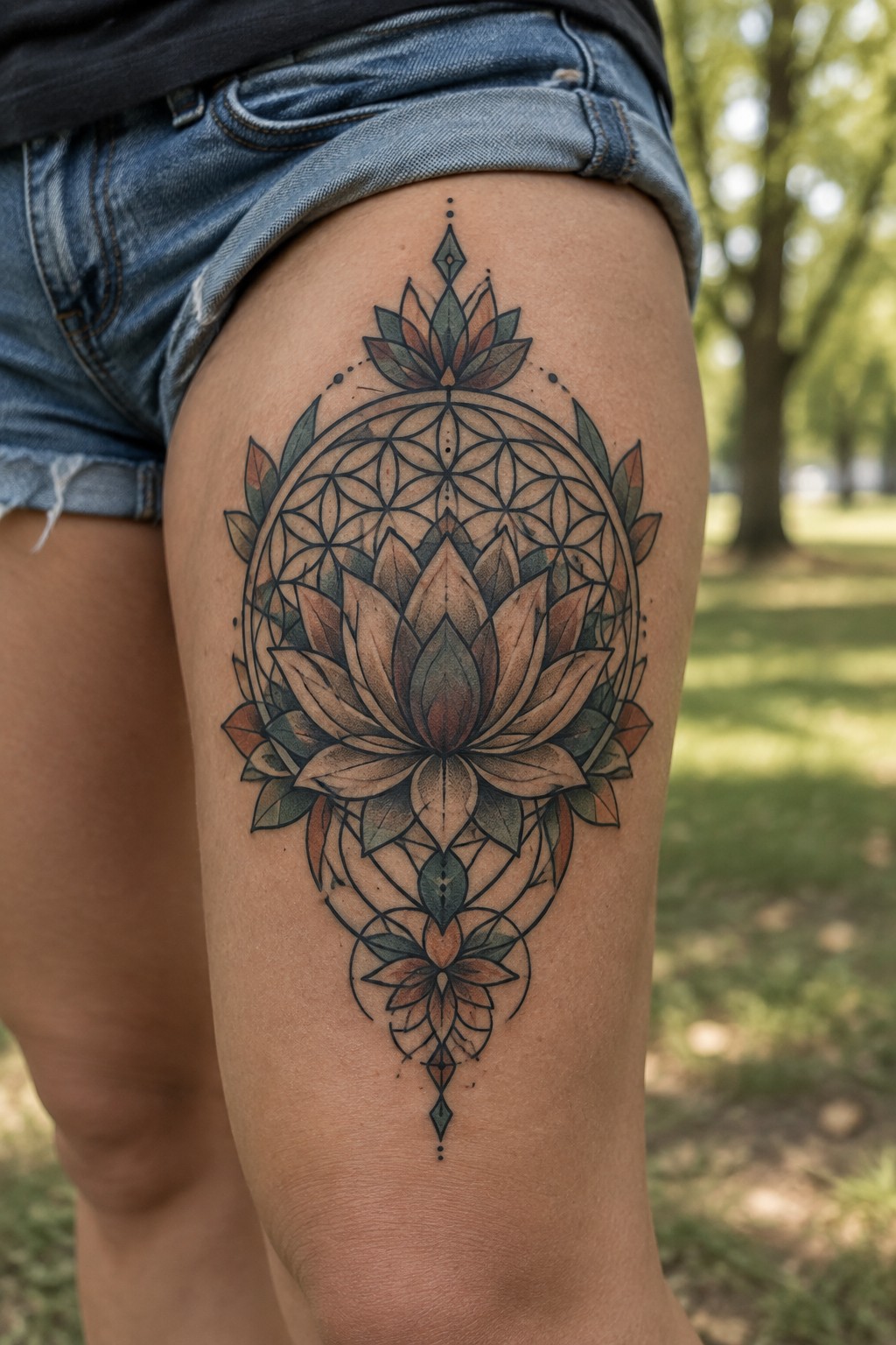 Large lotus mandala tattoo in earthy tones on thigh with denim shorts.
