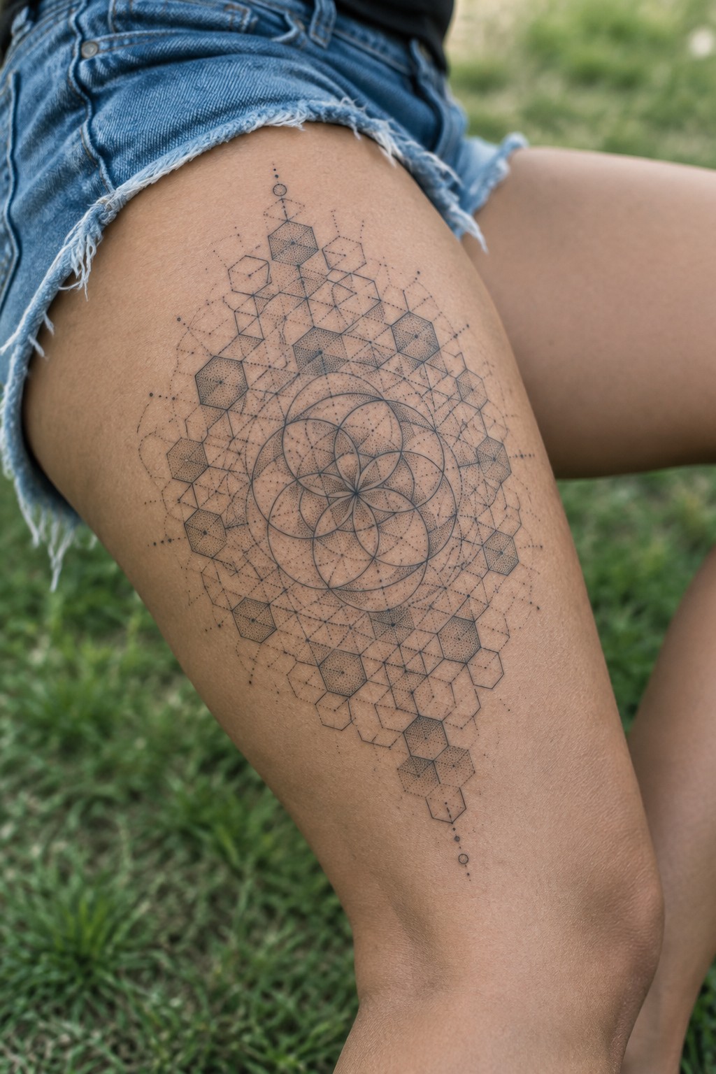 Fine line geometric mandala tattoo on the upper thigh with central overlapping circles, surrounding hexagons, and dot shading.