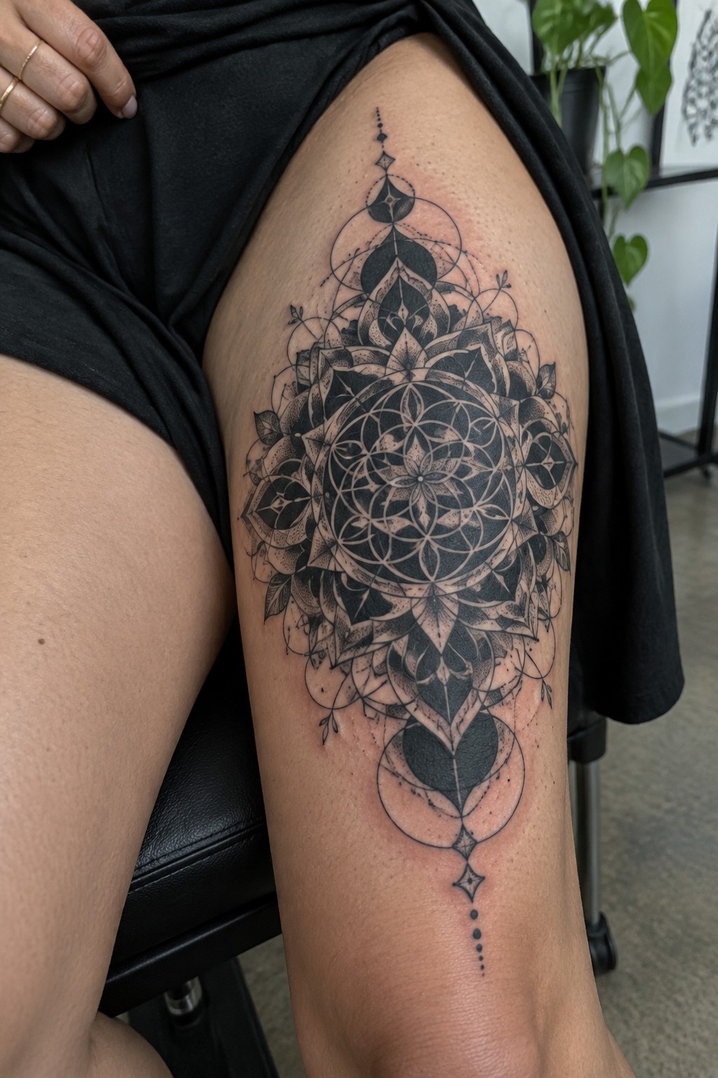 Large black and grey geometric mandala tattoo on a woman's upper thigh with sacred geometry, lotus shapes, and dotted accents.